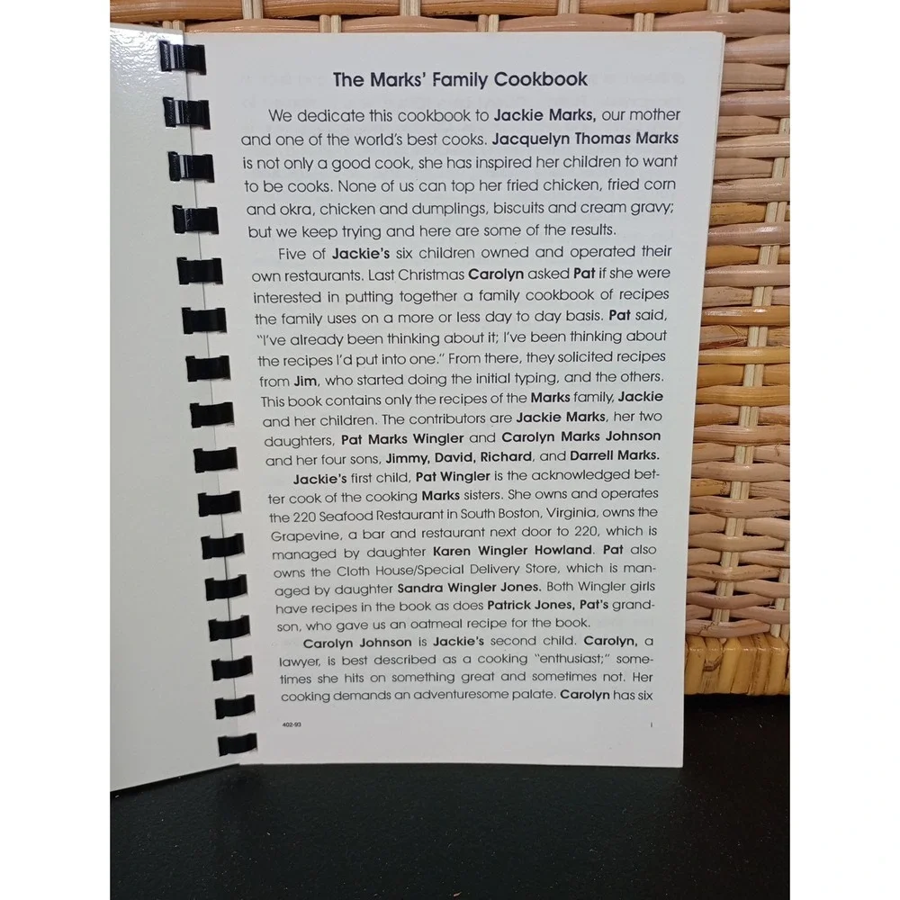 The Marks Family Cookbook Pinehurst, NC Dedicated To Jackie Marks 1993‎ Spiral